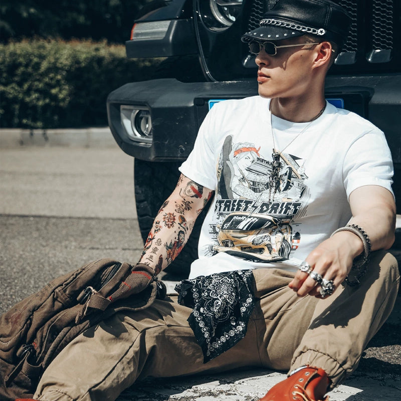 Patterned Clothing Short-Sleeved Retro Printed Hip-Hop Motorcycle