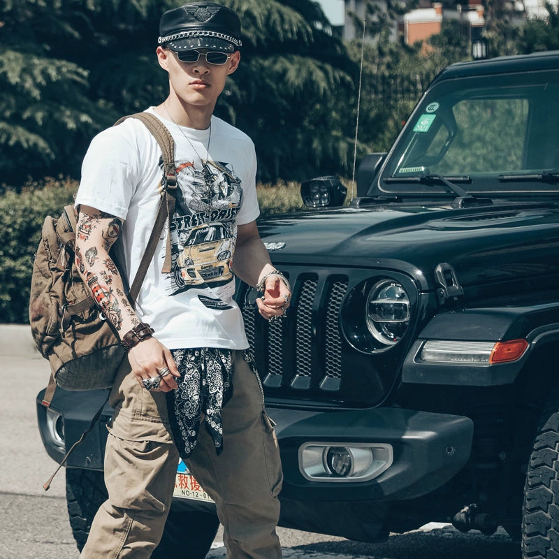 Patterned Clothing Short-Sleeved Retro Printed Hip-Hop Motorcycle